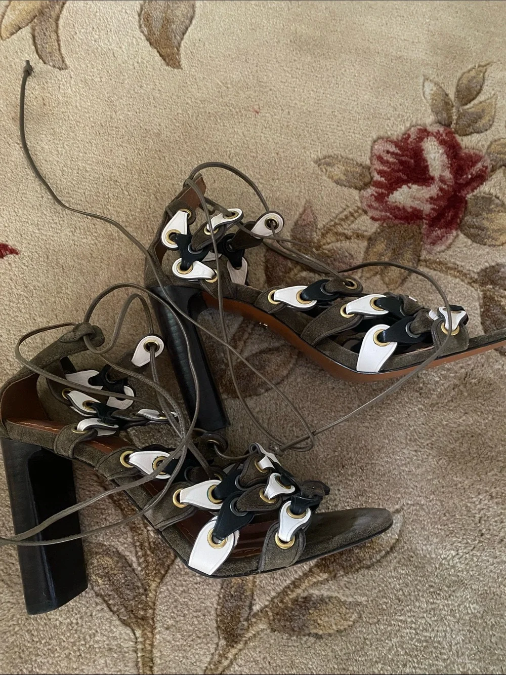 Lace-Up Womens Sandals in Brown with White & Black Accents